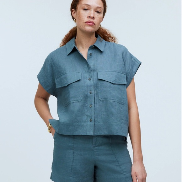 NWT Madewell flap pocket button up shirt in 100 linen - size XS - Picture 2 of 6